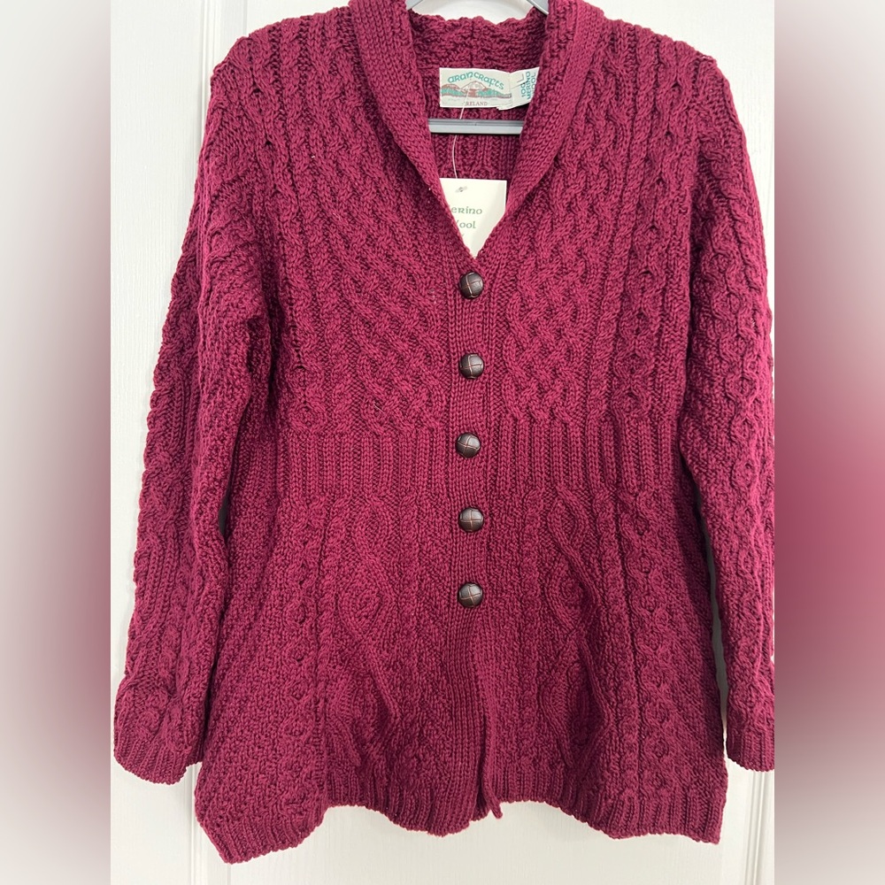 Aran Crafts Rich Burgundy Cable Knit Cardigan
